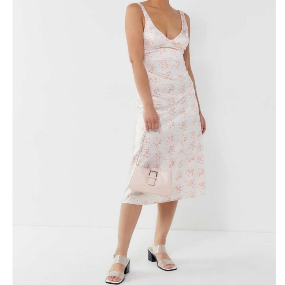 Urban Outfitters PAIGE Pale Pink Satin Floral Bra Top Midi Slip Dress M